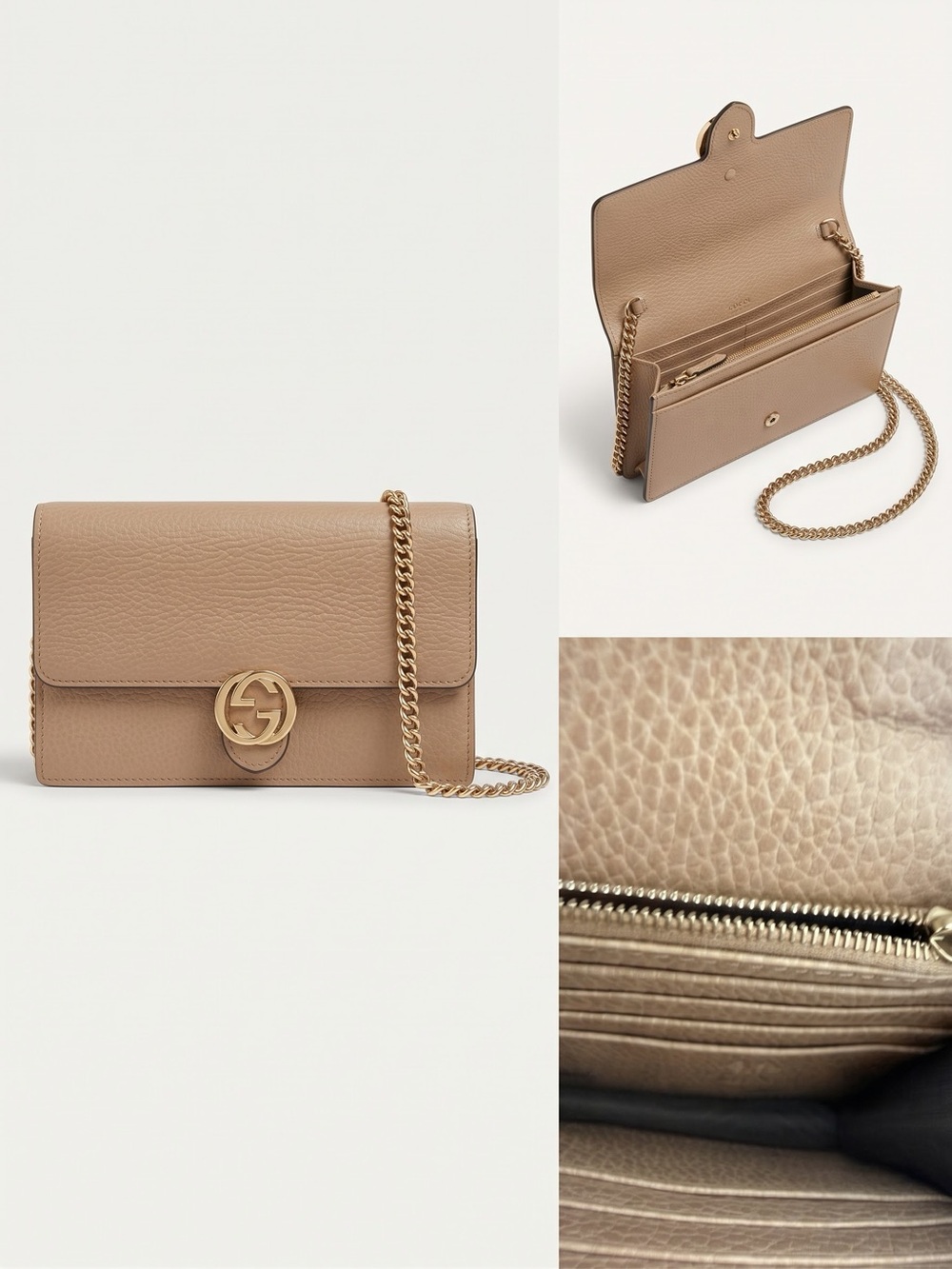 Gucci Taupe Pebbled Leather Crossbody with Gold Chain